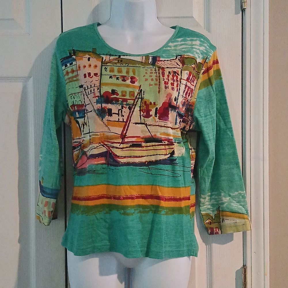 Jane Ashley sail boat city  3/4th length sleeve top  Sz S EUC